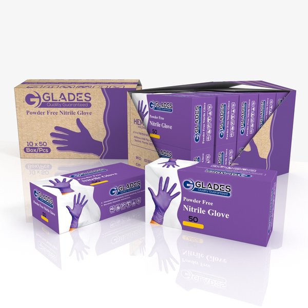 Glades Nitrile Disposable Gloves, 8 mil Palm , Nitrile, Powder-Free, S, 500 PK, Purple S